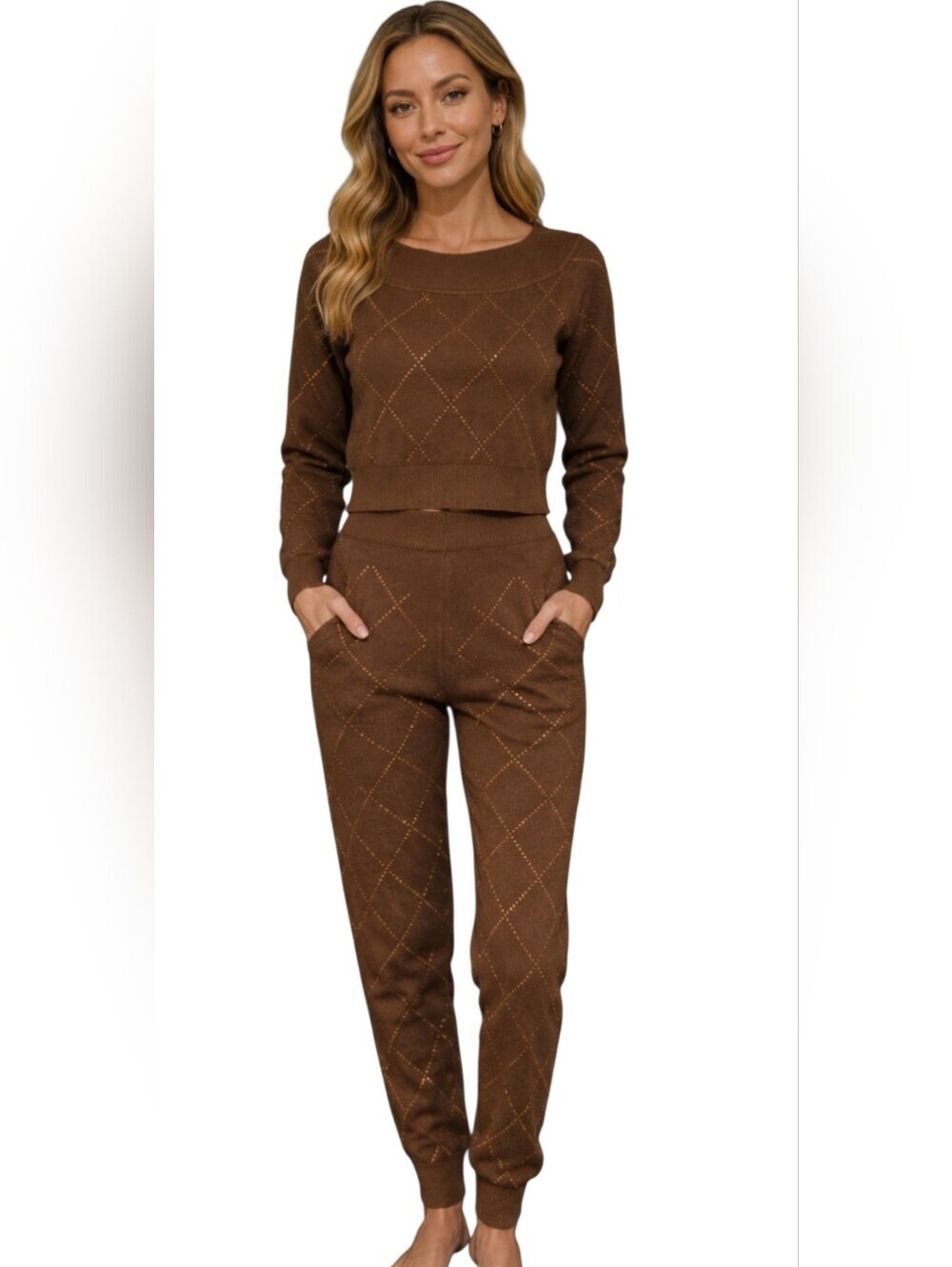 THE Sang Wanderlust Brown Knit Argyle Stitch Set.Size Small  NWT Matching Set
